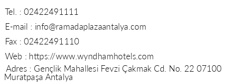 Ramada Plaza Antalya telefon numaralar, faks, e-mail, posta adresi ve iletiim bilgileri